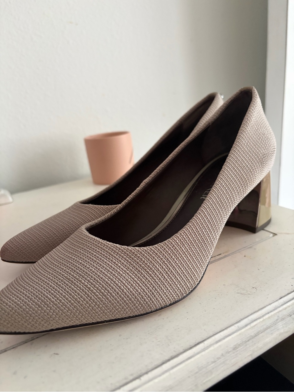 Donald J. Pliner Textured Pointed-Toe Block Heel Pumps in Beige
